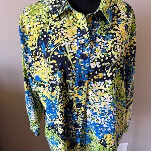 Draper’s & Damon’s 1X Blue Green & Yellow Floral Button 3/4 Sleeve Blouse